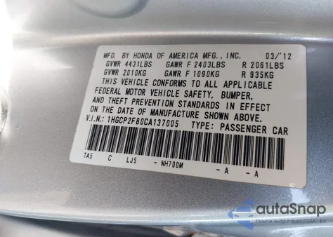 2012 Honda Accord 2.4 Ex-L z USA, uszkodzony, nr VIN 1HGCP2F80CA137005